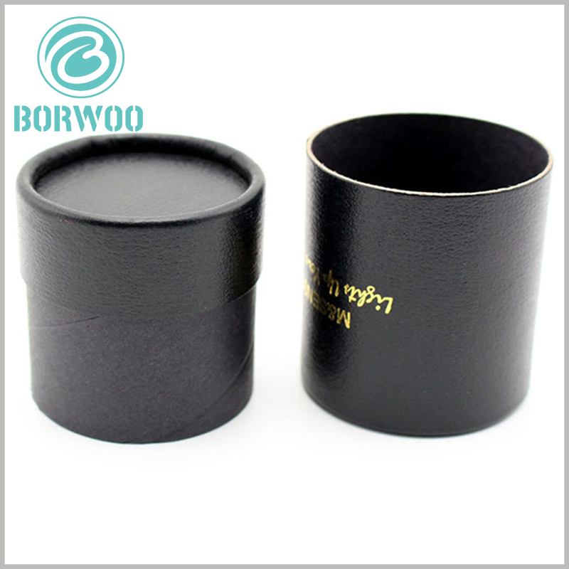 Custom creative black cardboard round boxes with bronzing printing.The thickness of the paper tube is 0.8-1.2mm, which greatly improves the rigidity of the cylindrical packaging and enhances the protection of the product.
