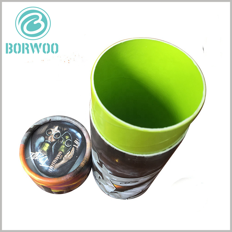 Custom creative cardboard round tube boxes packaging for toys.The inner tube of this paper tube is laminated with printed green paper, which can play the role of a beautiful inner paper tube, which is more conducive to the improvement of product value.