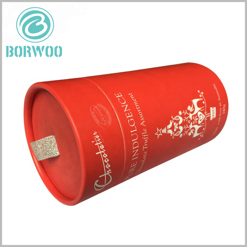 Custom large cardboard tube packaging for 140g chocolate boxes. There is a red scarf on the top of the red paper tube cover as a pull ring, which will make it easier to open the package.