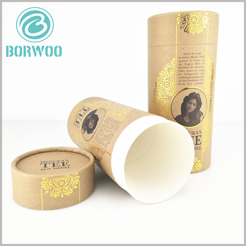 Custom large cardboard tube packaging with printing. The inner tube of the paper tube packaging is made of white cardboard as the raw material, and the surface of the outer tube is gold cardboard as the laminated paper.