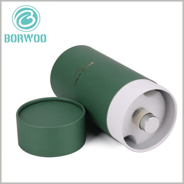 Custom large paper tube packaging for wine boxes.Fix the top of the glass bottle with a high-density white sponge to prevent the bottle from shaking inside the paper tube.