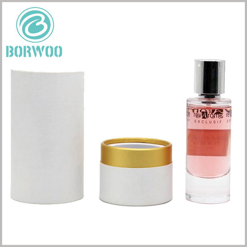 Custom white round boxes for perfume bottles packaging.the leather limitation paper with thin motif compressed on the surface will show the details when looked close, as to present an elegance of low-profile.