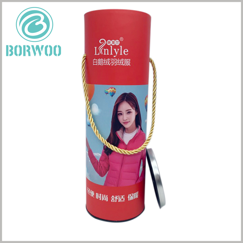 Down jacket packaging tubes with rope handle.Customized paper tube packaging has unique printed content to improve product and brand recognition.