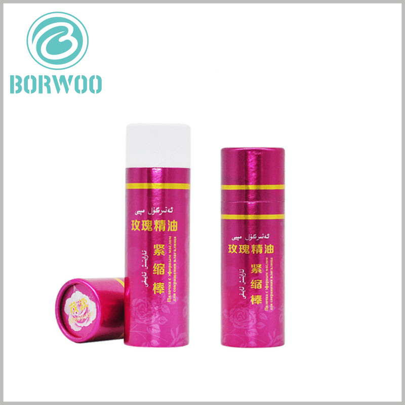 Exquisite paper tubes boxes for rose essential oil packaging.The packaged font is printed with bronzing