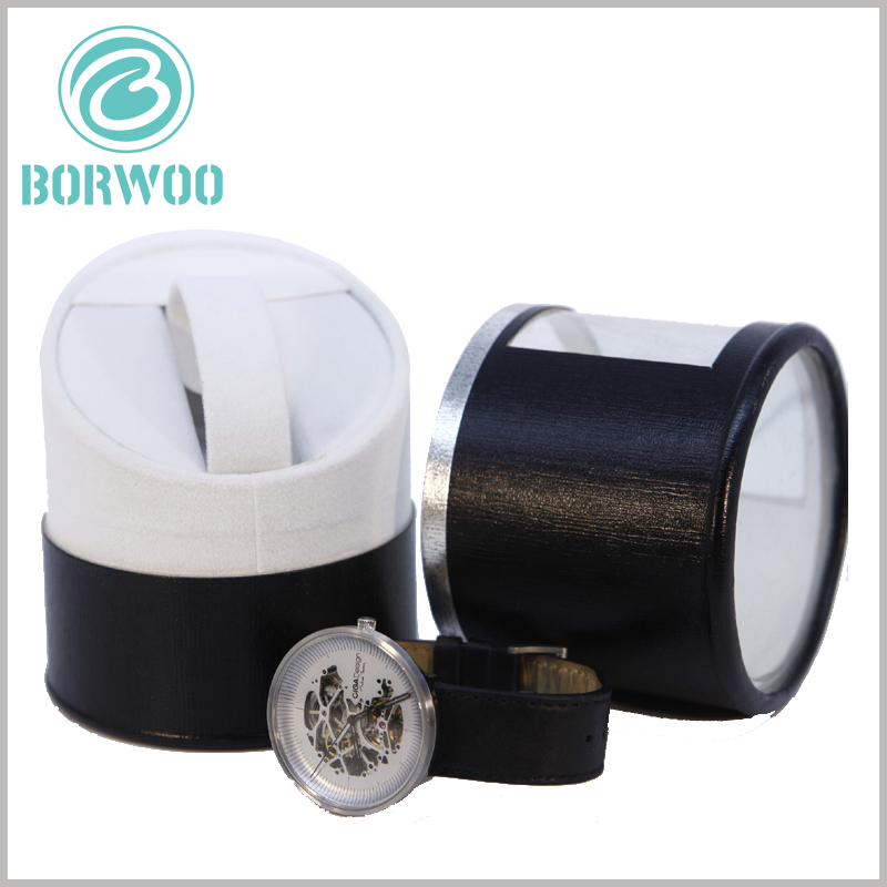 High-end black paper tube watch packaging boxes with insert.Decorated with black fine-grain leather paper to highlight the high end of the packaged product