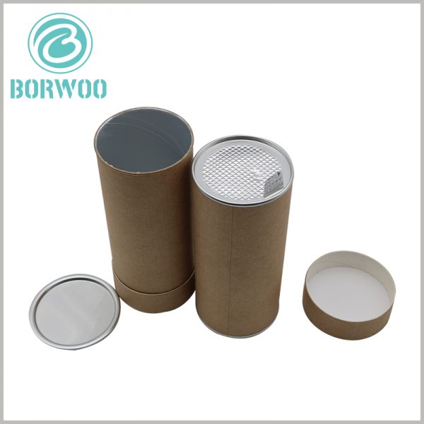 Kraft food grade paper tube packaging boxes. There is an easy-to-tear aluminum foil cover on the top of the Kraft food grade paper tube packaging boxes. It is convenient for customers to open the paper tube and enjoy the food.