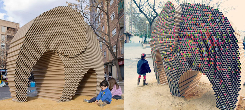 Large cardboard tubes can be piled up into large toys,Creativity can make waste packaging more valuable