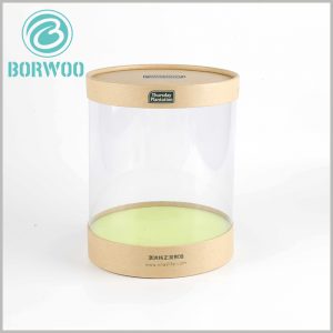 Large clear plastic tube packaging for tree tea oil boxes.The tube is made of environmental friendly PVC plastic of 0.2mm thickness, closed with kraft paper lid and bottom.