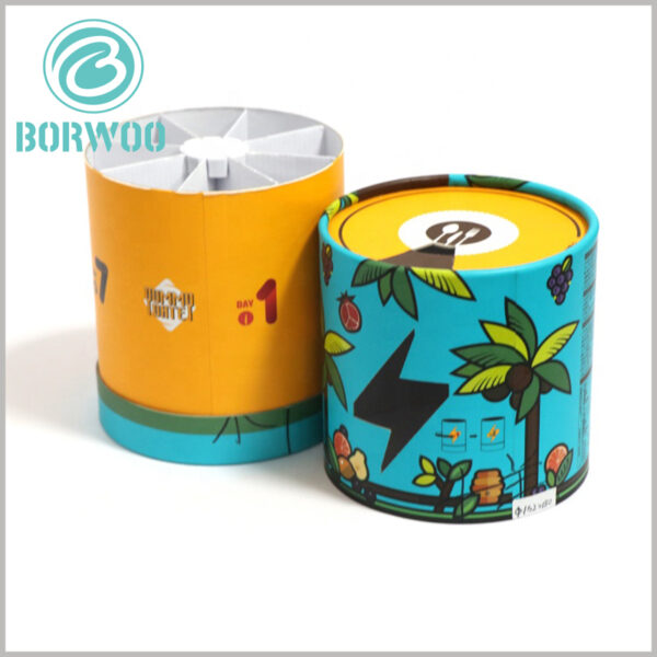 Large diameter cardboard tube packaging for food boxes.The internal inserts of this round box differ from other paper tubes in that the paper card is used as an insert to separate the interior of the package.