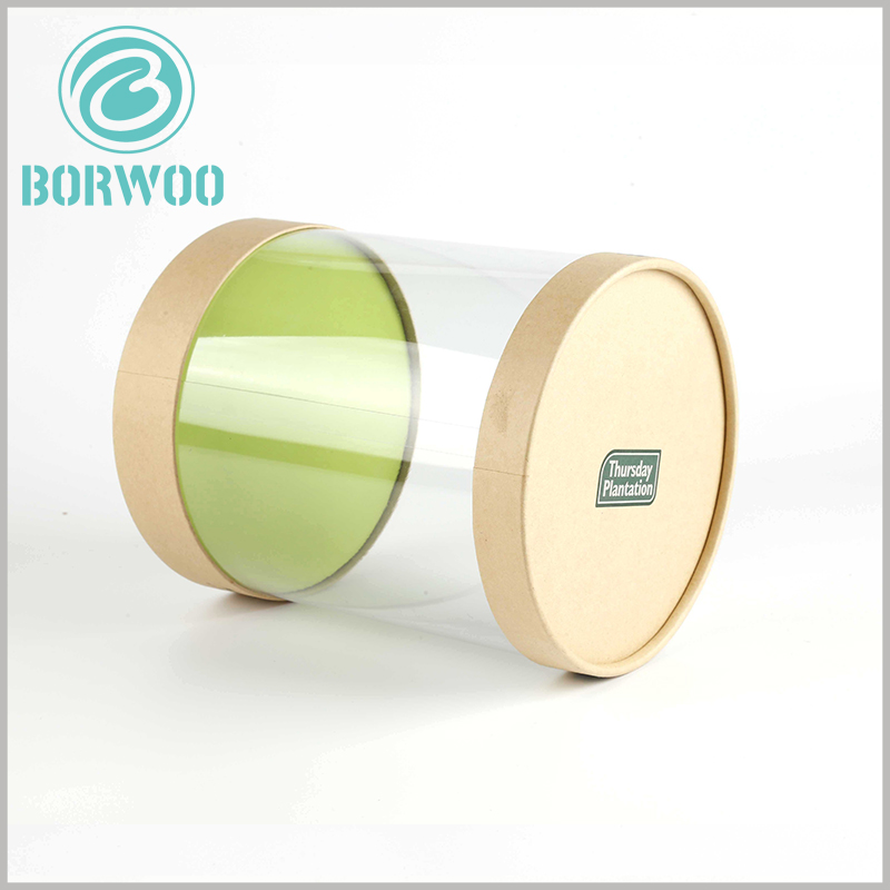 Large diameter clear tube packaging with kraft paper lids. On the base, an EVA sponge is formed to support the product and printed paper is applied on it to present the important information.