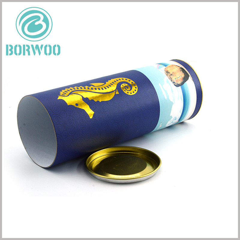 Luxury food grade cardboard tube packaging with lids for food.Food grade paper tube packaging with metal iron cover