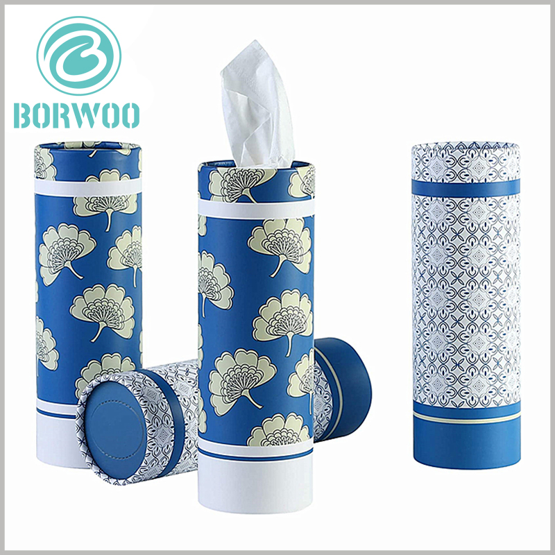 Printed tissue packaging tubes. On the top of the paper tube lid, there is a die-cut to form an easy-to-tear lid, which is convenient to use paper towels and improve the product use experience.