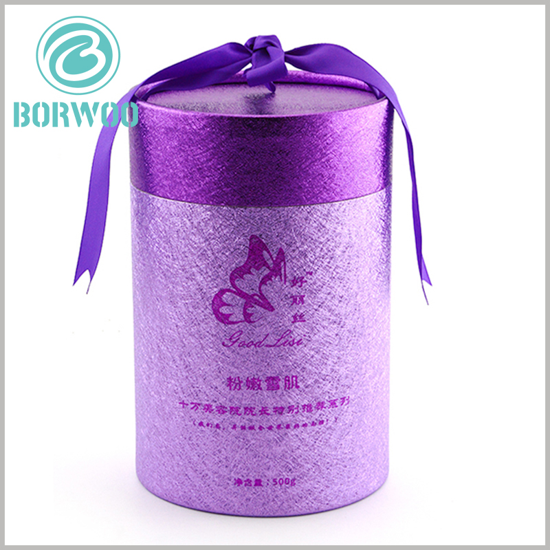 Purple cosmetic paper tube packaging box with ribbon