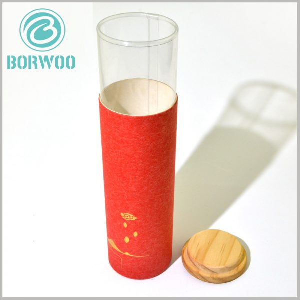 Small tube box for gift with wooden lids and transparent window