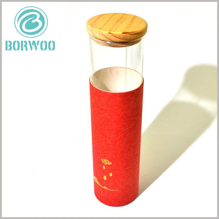 Small tube box for gift with wooden lids and transparent window