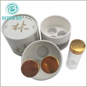 Three bottles tube packaging with EVA insert, used to fix the bottle in a specific position and display.