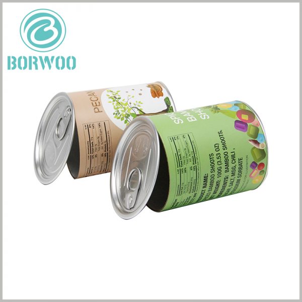 Tube food packaging with easy-open aluminum lid wholesale.The customized paper tube packaging is sealed with an easy-to-tear aluminum lid, and the packaging is very convenient and convenient to open.