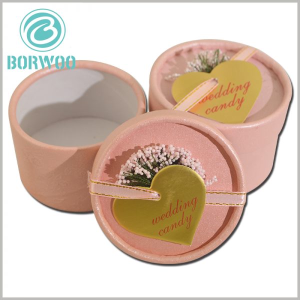 Wedding candy boxes wholesale.Custom pink Wedding boxes packaging with Heart-shaped label paper