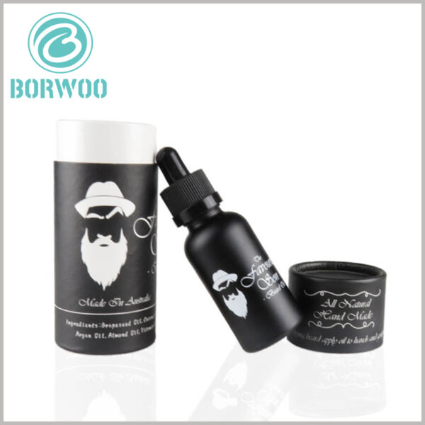 Wholesale black cardboard round boxes for essential oil packaging.Text information and pattern information are in white, in sharp contrast to the black background.