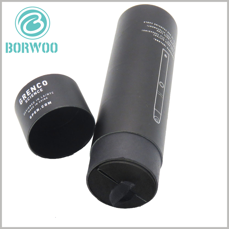 Wholesale black small paper tube packaging for vape pen.On the lid, a black ribbon is set to facilitate the opening