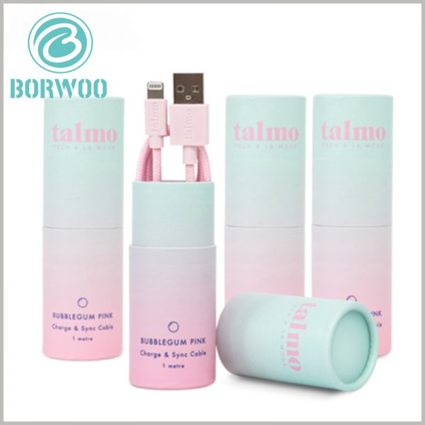 Wholesale creative small cardboard tube for charge cable packaging.Good packaging design is very important for the product, we provide various designs on paper tubes.