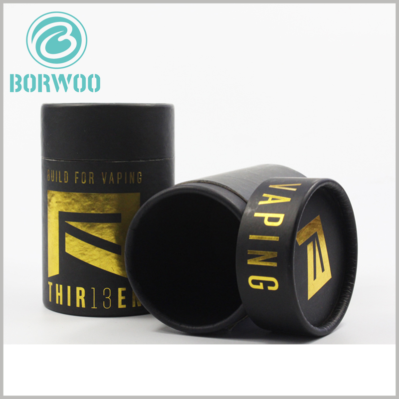Wholesale luxury Black round boxes with lids for vape packaging.Product name, LOGO and brand name are printed by hot gold stamping technique that are very eye-catching.