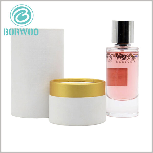 Wholesale round boxes for perfume bottles packaging.the leather limitation paper with thin motif compressed on the surface will show the details when looked close, as to present an elegance of low-profile.