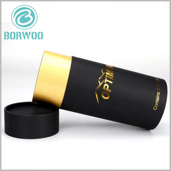 black cardboard tube for wine bottle packaging.The inner paper tube uses gold cardboard as the laminated paper, which improves the luxurious feeling of the packaging and greatly helps to enhance the value of red wine.