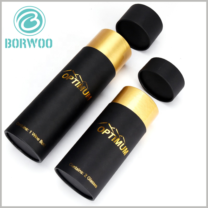 black cardboard tube packaging for wine bottle. The large cardboard tubes come in different sizes to accommodate wine glass bottles of different capacities.