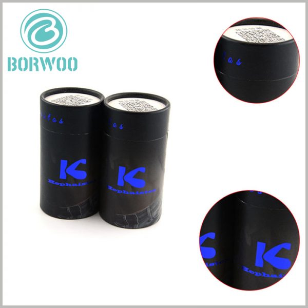 black paper tube cloth packaging boxes with blue foil logo.
