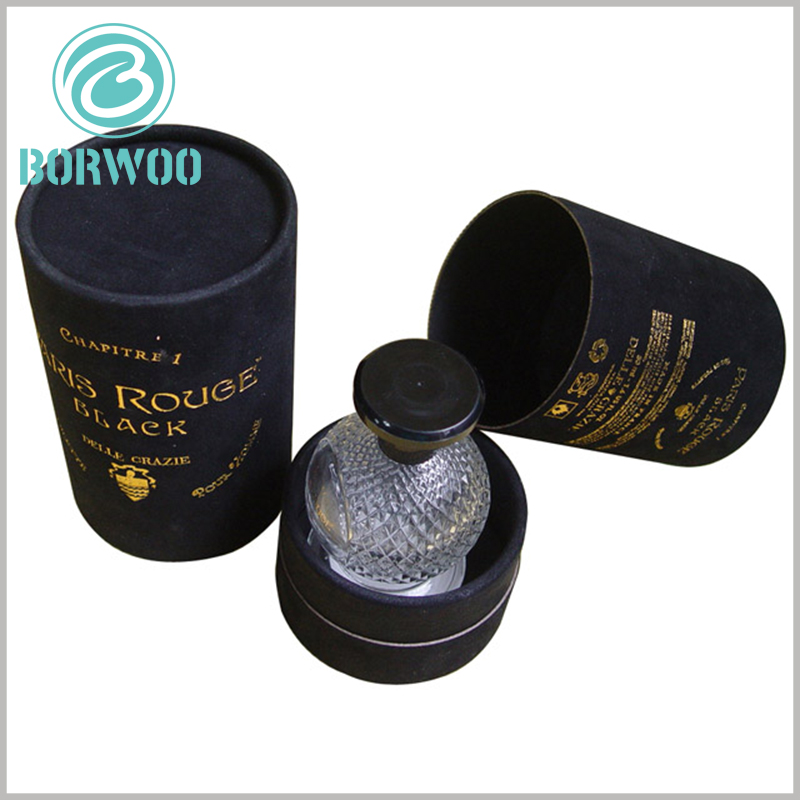 black paper tube packing perfume gift box wholesale.Custom high-end black paper tube packaging with bronzing logo for perfume gift boxes