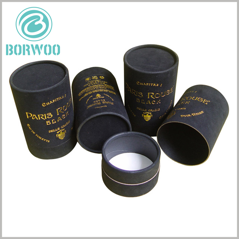 black paper tube perfume packing boxes wholesale.Custom high quality black perfume boxes with bronzing logo wholesale