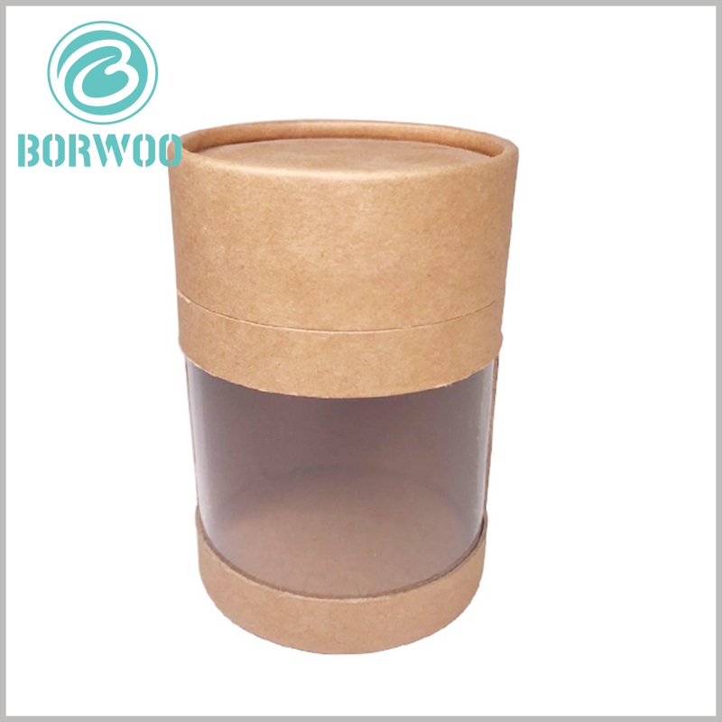 brown kraft paper tube packaging with windows. consumers can see the products in the package through the window