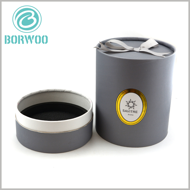 cardboard round tube candle boxes with ribbon handle.custom high quality candle boxes with black EVA insert wholesale
