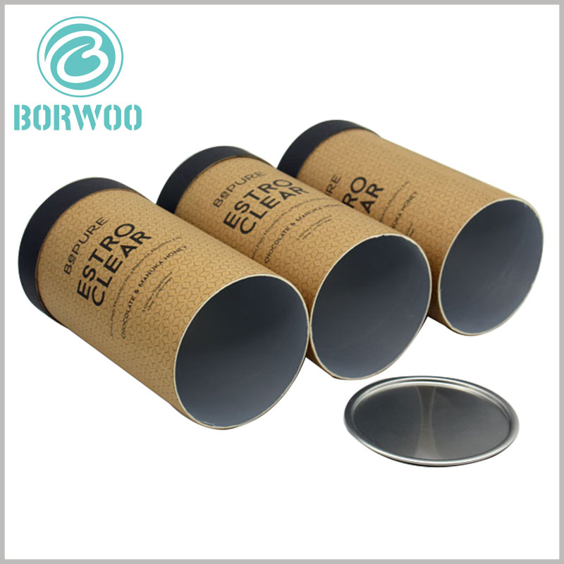 chocolate tube packaging with foil cover. The bottom of the food-grade tube packaging is sealed with an iron cover, which has a good airtightness for the food packaging and effectively extends the shelf life of the food.