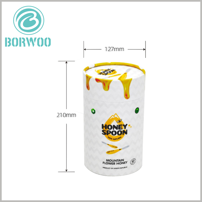 creative paper tube packaging for honey spoon. The diameter of the customized tube packaging is 127mm and the height is 210mm, which can perfectly hold 60 honey spoons.