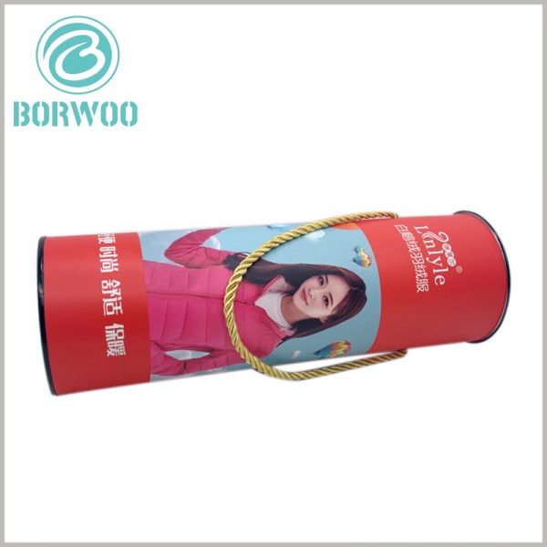 custom Down jacket packaging tubes with rope handle.With the design and printing content on the paper tube packaging, customers will be able to improve the recognition of the product.
