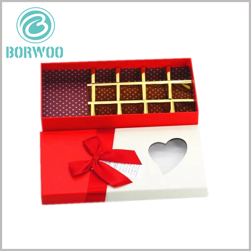 custom Hard cardboard chocolate gift boxes with heart-shaped window.Design the red gift bows on the front of the customized boxes, the product will be used as a gift and more valuable.