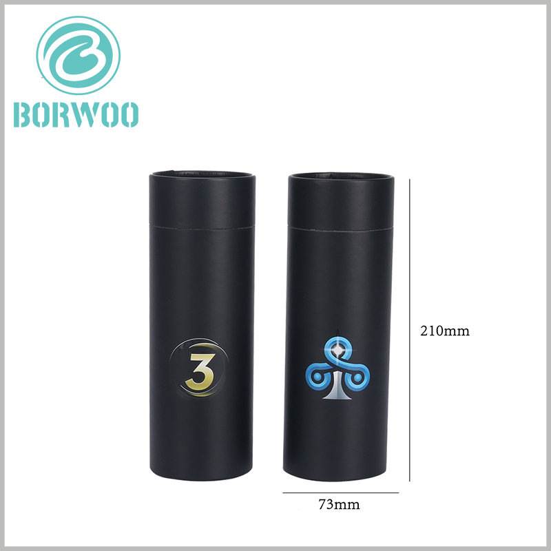custom black cardboard tube packaging boxes with logo.The diameter is 73mm and the height is 210mm.