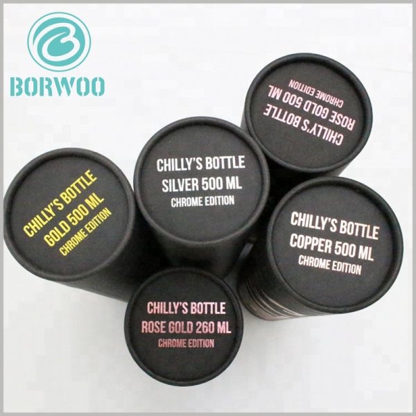 custom black large cardboard tube packaging boxes.The top of the customized tube packaging has different color fonts to distinguish specific product series.