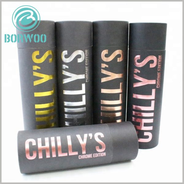 custom black large cardboard tube packaging with logo. The hot stamping and printing of different colors can well reflect the different series and value of the products, which is more conducive to product promotion.