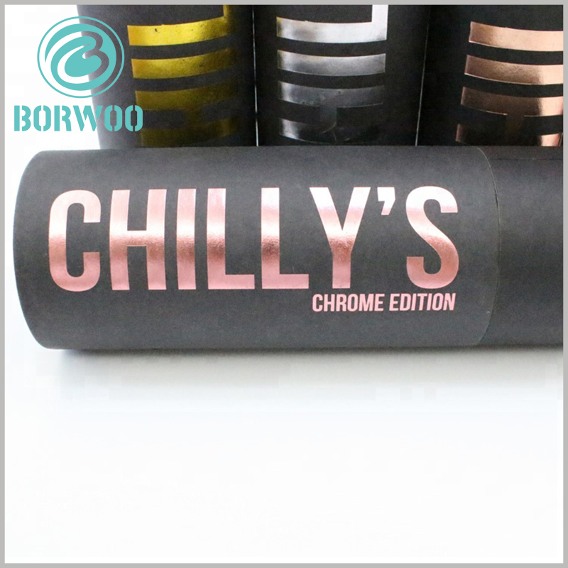 custom black large cardboard tube packaging with logo wholesale. The printed content of the black paper tube packaging is unique and mainly reflects the brand value.