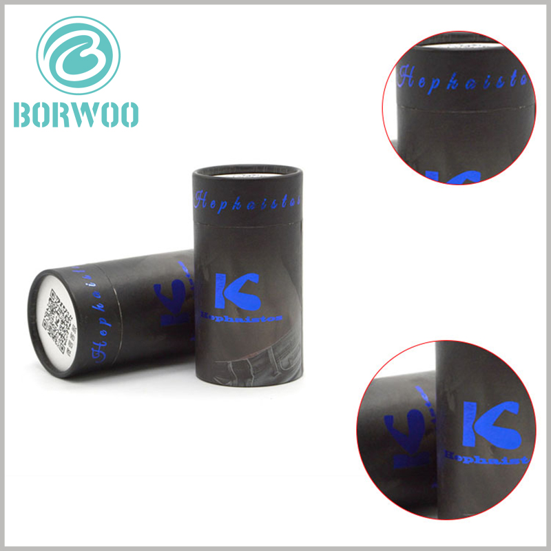 custom black paper tube boxes packaging with blue foil logo.Custom creative black paper tube boxes packaging with blue foil logo for pant boxes