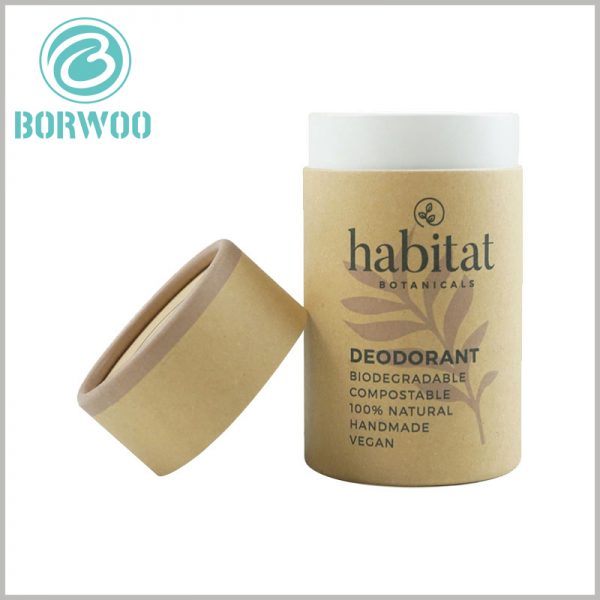 custom cardboard push up tubes deodorant packaging. The kraft paper tube packaging has a brown appearance, and the deodorant packaging has an artistic appearance, which can attract more customers to buy the product.