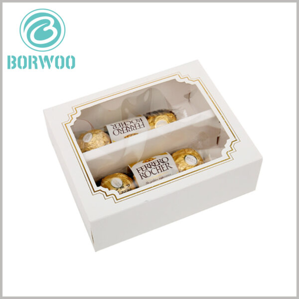 custom cheap chocolate packaging boxes with windows.The interior of the food packaging has white cardboard as a partition, dividing the interior into two independent spaces, each of which can hold 3 chocolates.