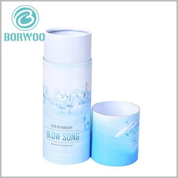 custom creative paper tubes packaging for cup boxes.The color of the package is Sky blue and clean white