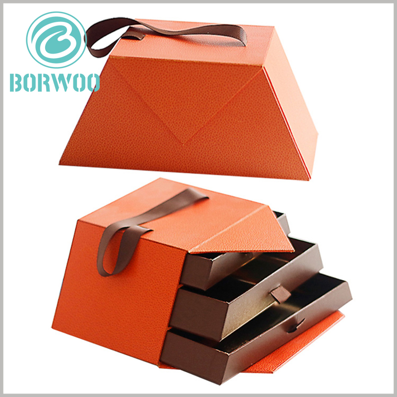 custom empty chocolate gift boxes with handle. The customized chocolate packaging has a unique structural design, and there are three layers of inner drawer boxes of different sizes inside the packaging box.