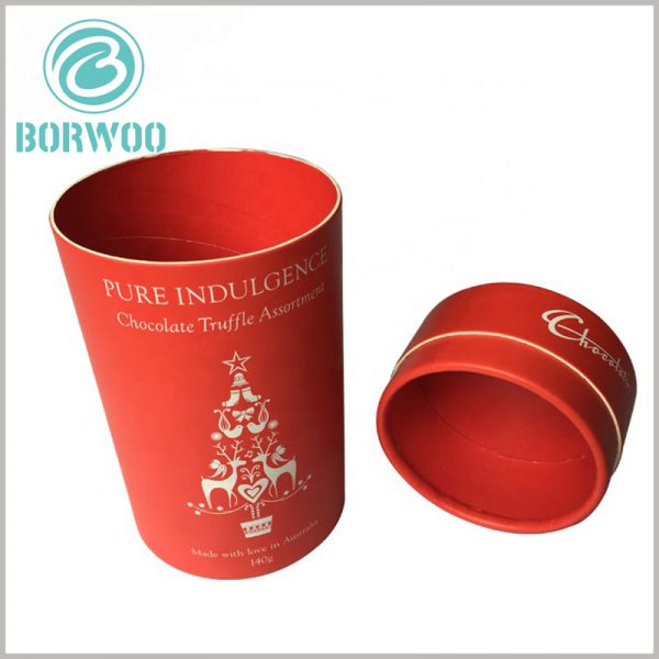 Custom large cardboard tube for140g chocolate boxes. High-quality white cardboard is rolled into the body part of the paper tube, making the cut of the package pure white.