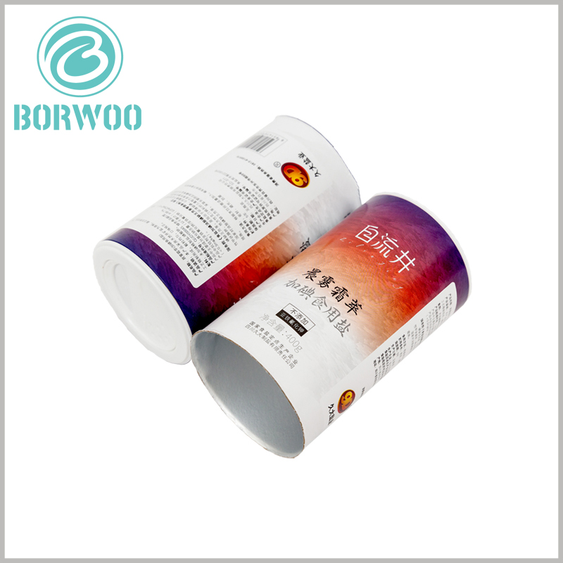 custom printed cardboard round boxes for salt packaging. There is tin foil on the inside of the food tube packaging, which has a good effect on the sealing and drying of the product.
