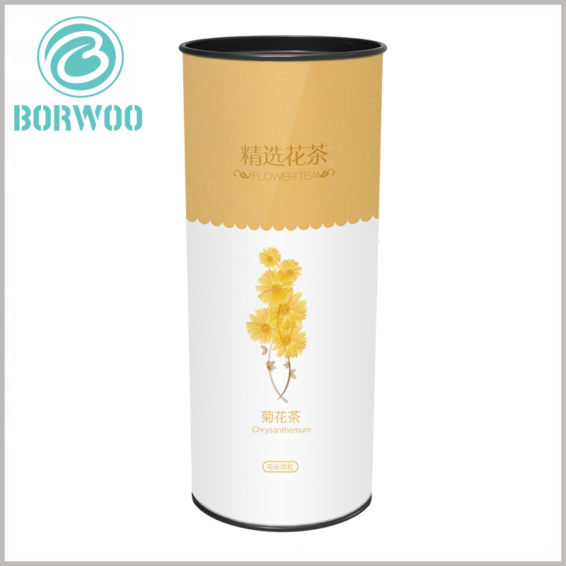 custom printed cardboard tube for scented tea packaging.The main pattern of the food tube packaging design is closely related to chrysanthemum tea, with yellow as the main color of the packaging.